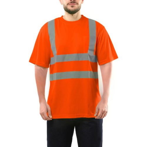 Class 2 Odor Reducing Double Band Reflective Tape Safety T-Shirt | Safety orange